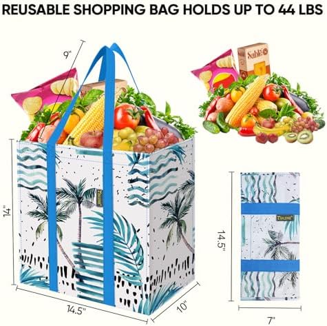 BALEINE 4 PK Grocery Bags Reusable Shopping Bags with Reinforced Bottom, Heavy Duty Foldable Tote Bags (Island Breeze)