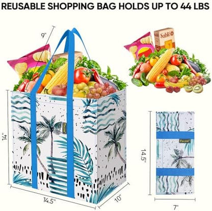 BALEINE 4 PK Grocery Bags Reusable Shopping Bags with Reinforced Bottom, Heavy Duty Foldable Tote Bags (Island Breeze)