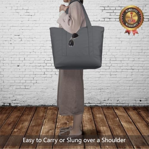 TOPDesign 1-Pack Canvas Tote Bag with an External Pocket, Reusable Grocery Shopping Bag, Top Zipper Closure, Daily Essentials (Grey)