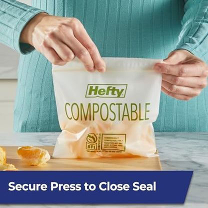 Hefty Compostable Sandwich Bags Press-to-Close | Expandable Bottom | Plant-Based Material | BPA Free | 50 Count, Pack of 12