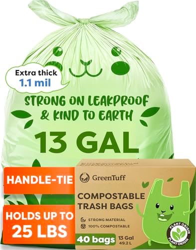 13 Gallon Compostable Trash Bags (40 Count) — Leakproof Plant-based Thick (1.1 Mil) Tall Kitchen Garbage Bags — ASTM D6400 BPI Certified — Heavy-Duty Large Food Scrap Liner Bag with Handle-Tie