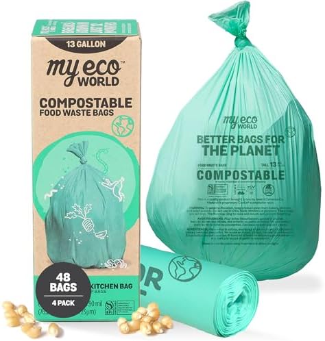 MyEcoWorld® Compostable Kitchen Waste Bags - 48 Count - 100% Certified Compostable - 13 Gallon - Super Strong - Leak Proof - Unscented - Easy to Open