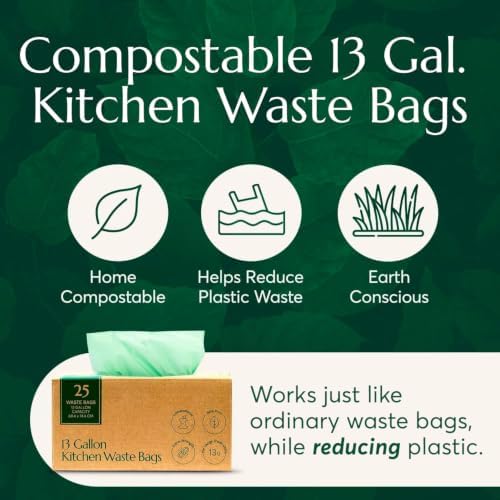 Cleanomic Compostable* 13 Gallon Waste Bags with Drawstring (3 Pack, 75 Count), BPI Certified For Kitchen Compost