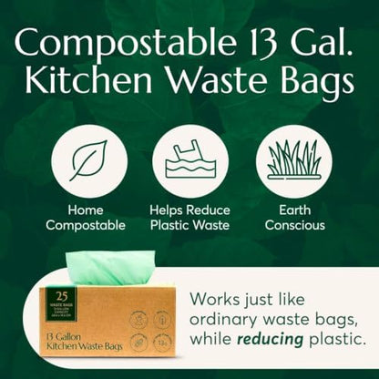 Cleanomic Compostable* 13 Gallon Waste Bags with Drawstring (3 Pack, 75 Count), BPI Certified For Kitchen Compost