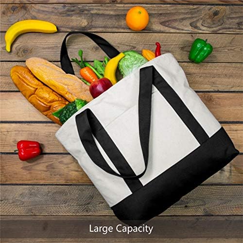 TOPDesign 6-Pack Canvas Tote Bags with an External Pocket, Reusable Grocery Shopping Bags, Top Zipper Closure, Daily Essentials (Black/Natural)