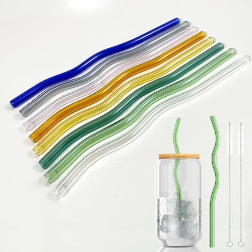 YUTRENN Reusable Glass Straws Sets of 8 Wavy Colorful Drinking Straw with 2 Cleaning Brushes, 8 inches 0.3" Thick Clear Straws High Borosilicate Glass Straw for Tumblers 10 Pack Gift Wrap