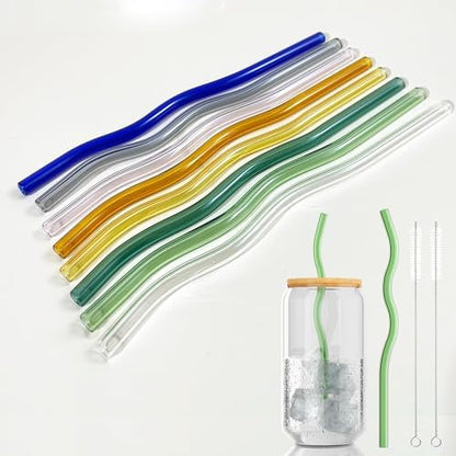 YUTRENN Reusable Glass Straws Sets of 8 Wavy Colorful Drinking Straw with 2 Cleaning Brushes, 8 inches 0.3" Thick Clear Straws High Borosilicate Glass Straw for Tumblers 10 Pack Gift Wrap