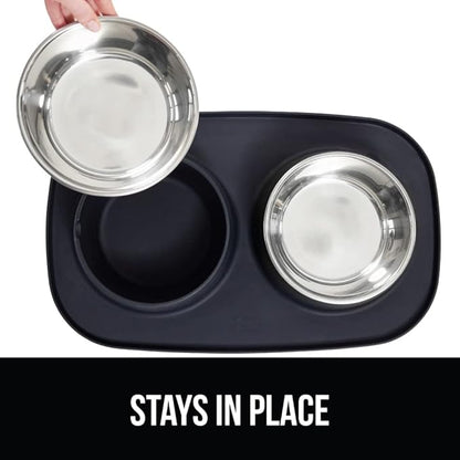 GORILLA GRIP Feeding Mat Set, 3 Cup, Patent Pending 100% Waterproof BPA Free Silicone, Stainless Steel Cat and Dog Bowls, Slip Resistant, High Edges Catch Water Food, US Designed Pet Accessories Black