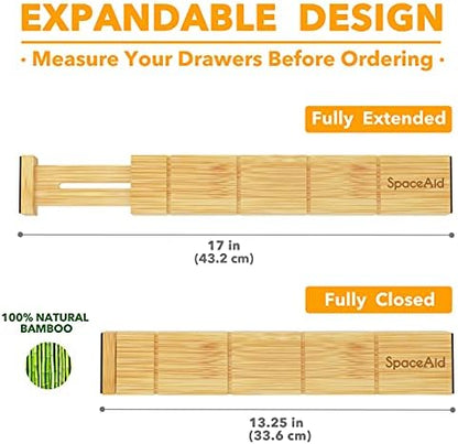 SpaceAid Bamboo Drawer Dividers with Inserts and Labels, Kitchen Adjustable Drawer Organizers, Expandable Organization for Home, Office, Dressers and Bathroom, 6 Dividers with 12 Inserts (13.25-17 in)