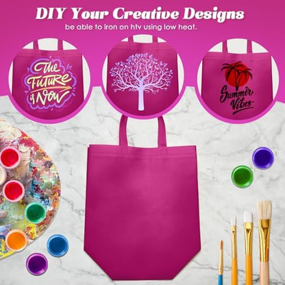 Reginary 50 Pcs Reusable Tote Bags Shopping Bags Non Woven, Rose Red