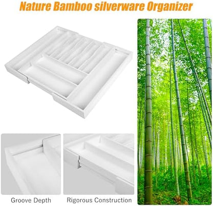 Bellsal Large Premium Bamboo Silverware Organizer - Expandable Utensil Drawer Organizer - 17"x19.6" Utensil Holder and Cutlery Tray with Grooved for Kitchen Flatware and Utensils(7-9 Slot, White)