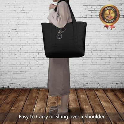 TOPDesign 30-Pack Canvas Tote Bags with an External Pocket, Reusable Grocery Shopping Bags, Top Zipper Closure, Daily Essentials (Black)