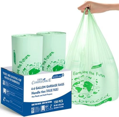 BEIDOU-PAC 4-6 Gallon Compostable Trash Bags, 150 Count Kitchen Trash Bags with Handle, Sturdy Compost Garbage Bags for Food Scrap Waste, ASTM D6400, US BPI Certified
