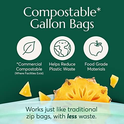 Cleanomic Compostable* Gallon Size Food Storage Bags (25 Eco Zip) Freezer and Leak Proof, Also Available Quart, Snack and Sandwich Bags