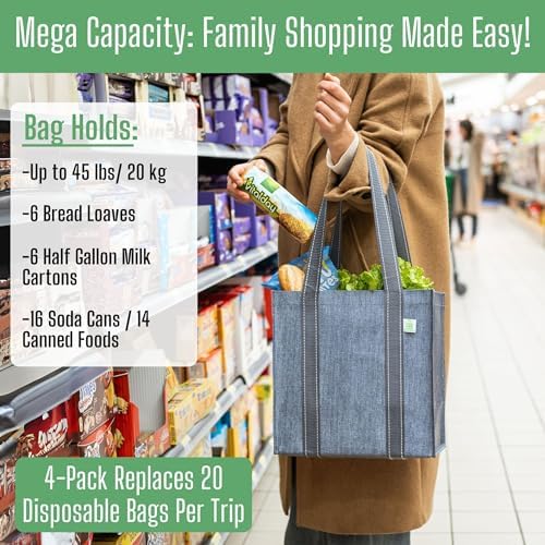 VENO 2/4 Pack Compact Reusable Grocery Shopping Bags with Hard Bottom