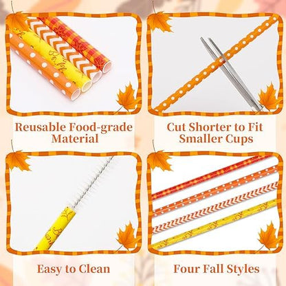 JANYUN 30 Pieces Fall Straws, 9inch Hard Platic Reusable Thanksgiving Drinking Straws Autumn Maple Leaf Pumpkin Straw for Family Party Favors Supplies Cleaning Brush (Orange & Yellow)