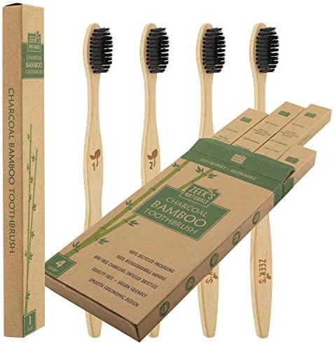 Biodegradable Eco-Friendly Natural Bamboo Charcoal Toothbrushes - Pack of 4 - Numbered - Charcoal Infused Bristles