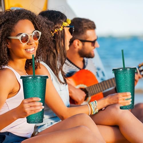 Suertestarry Tumbler with Straw and Lid,Water Bottle Iced Coffee Travel Mug Cup,Reusable Plastic Cups,Perfect for Parties,Birthdays,24oz-5 Pack (Dark Green, 5pack)