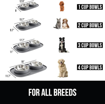 GORILLA GRIP Feeding Mat Set, 4 Cup, Patent Pending 100% Waterproof BPA Free Silicone, Stainless Steel Cat and Dog Bowls, Slip Resistant, High Edges Catch Water Food, US Designed Pet Accessories, Gray