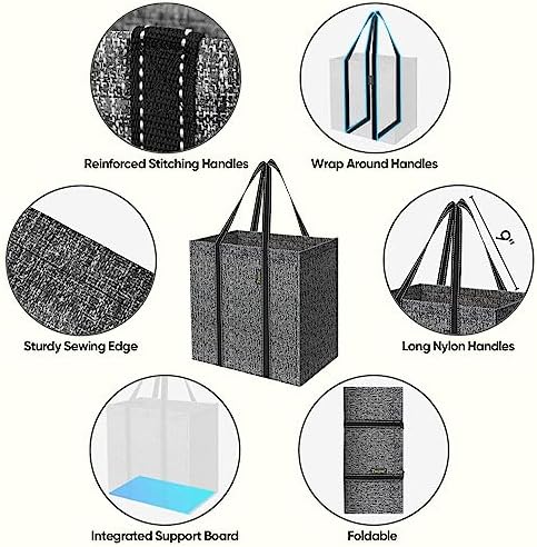 BALEINE 2 PK Grocery Bags Reusable Shopping Bags with Reinforced Bottom, Heavy Duty Foldable Tote Bags (Grey)