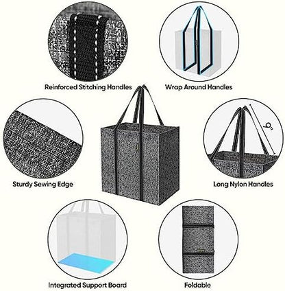 BALEINE 8 PK Grocery Bags Reusable Shopping Bags with Reinforced Bottom, Heavy Duty Foldable Tote Bags (Grey)