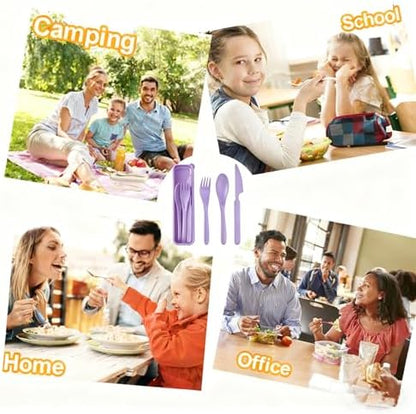 Travel Utensils with Case, Camping Utensil Sets, Wheat Straw Portable Knife Fork Spoons Tableware, Reusable Utensils for Lunch Box (Purple)
