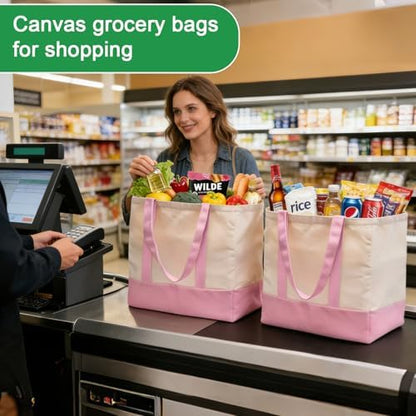 3-Pack Heavy Duty Canvas Reusable Grocery Bags, 8.3 Gal Foldable Large Tote with Handles, Washable Eco-friendly Bags with 5 Pockets, (Pink/Beige)