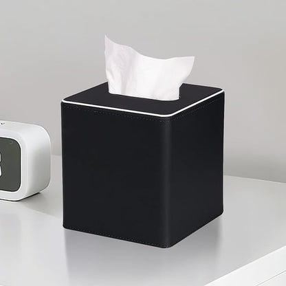 KINGFOM Leather Tissue Box Cover – Square Modern PU Leather Tissue Holder, Cube Tissue Dispenser for Home, Office, Bedroom, Bathroom – Elegant Minimalist Style (Black-Square)