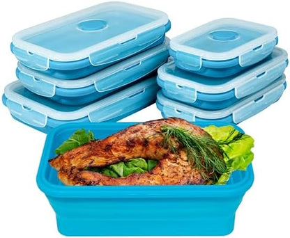 Plus 6PCS Foldable Silicone Food Storage Containers for Kitchen Storage for Leftovers Fruits and Meal Prep Dishwasher Safe Microwave Safe Ideal for Home and Travel (blue, square)