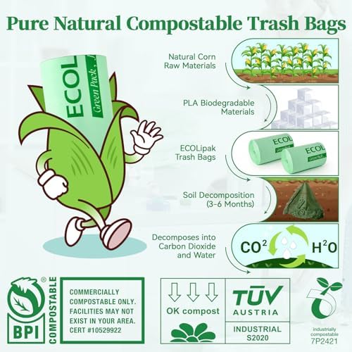 ECOLipak 13 Gallon 50 Count Compostable Kitchen Trash Garbage Bags