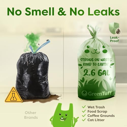 2.6 Gallon Compostable Trash Bags (100 Count) — Thick 0.7 Mil Small Compost Bin Liners — Leak-Resistant Plant-Based Food Scrap Bags for Countertop Kitchen Compost Pails — ASTM D6400 BPI Certified
