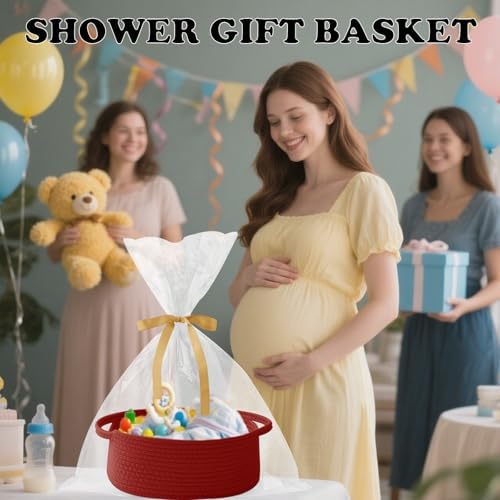 Red Woven Rope Basket - Baby Gift Basket with Bag & Ribbon