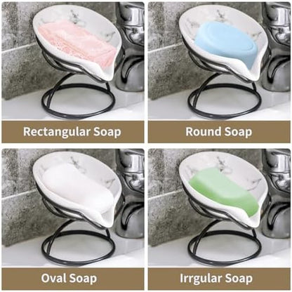 Dobbyby Leaf-Shaped Soap Dish – Premium Ceramic Soap Bar Holder with Self-Drainage System – Bar Soap Holder for Shower, Bathroom Sink, Kitchen – Waterfall Soap Dish with Stainless Steel Stand (Black)