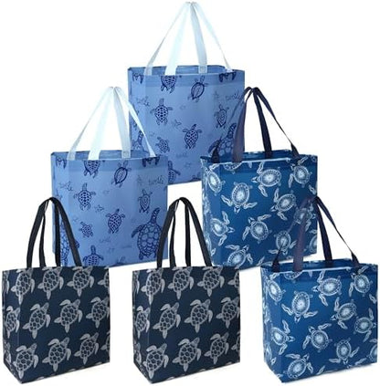 BeeGreen Sea Turtle Reusable Shopping Bags For Groceries 6 Pack- Large Foldable Tote Bags- Strong Handles for Heavy Groceries, Perfect for Supermarket, Farmers Market, and Storage Organization