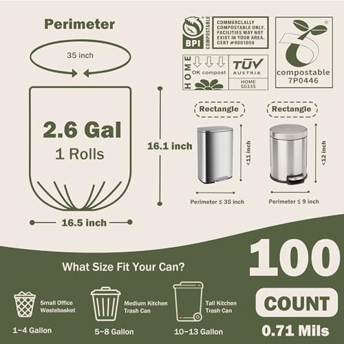 Compostable Trash Bags, 2.6 Gallon, 100 Count, 100% Compost Waste Bags for Kitchen Bathroom Office, Small Countertop Bin Compost Bags, US BPI and Europe OK Compost Home Certified