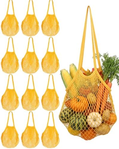 Eccliy 12Pcs Reusable Cotton Mesh Grocery Bag with Handle, Yellow, 10 in