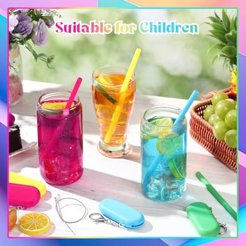 Meanplan 4 Sets Reusable Straws Travel Case Brush Silicone,Neon Colors