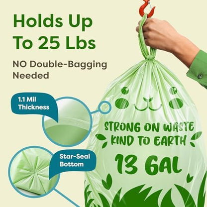 13 Gallon Compostable Trash Bags (40 Count) — Leakproof Plant-based Thick (1.1 Mil) Tall Kitchen Garbage Bags — ASTM D6400 BPI Certified — Heavy-Duty Large Food Scrap Liner Bag with Handle-Tie