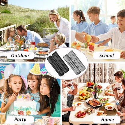 2 Sets Plastic Reusable Utensils Set with Case, Travel Chopsticks Fork Spoon Knife Set for Lunch Box, Portable Cutlery Sets for Travel Camping Daily Use (Black, Grey)