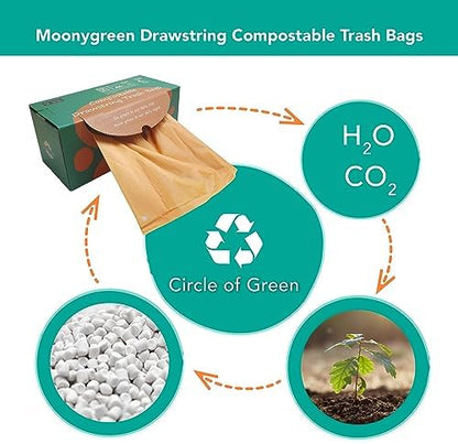 Compostable Trash Bags 13 Gallon, Drawstring Bin Bags, Heavy Duty Waste Bags, Extra Thick, Certified US BPI ASTM D6400, 49.2 Liter, 30 Counts
