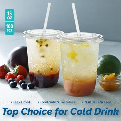 Homestockplus 15 oz Clear PET Plastic Cups with Lids and Straws - 100 Pack Leak-Proof Disposable Plastic Coffee Cups Iced Coffee Cups for Smoothies, Bubble Tea & To-Go Cold Drinks