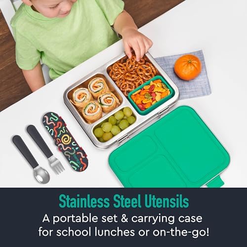 Bentgo Kids Stainless Steel Utensil Set - Reusable Fork, Spoon & Storage Case, PFAS- & BPA-Free, Easy-Grip Handles, Lightweight, Dishwasher Safe, School Lunch, Travel & Outdoors (NEW Sssnakes)