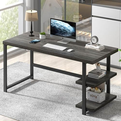 FOLUBAN Home Office Desk, Modern Computer Desk with Storage Shelf, Wood Study Writing Gaming Table for Bedroom Living Room, Industrial Dark Gray, 53 Inch