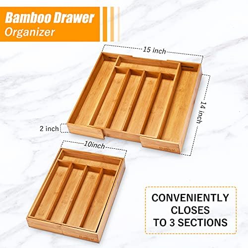 Bellsal Silverware Organizer Kitchen Drawer Organizer Expandable Bamboo Utensil Holder Cutlery Tray for Kitchen Utensil and Flatware Bedroom Office (Pack of 2)
