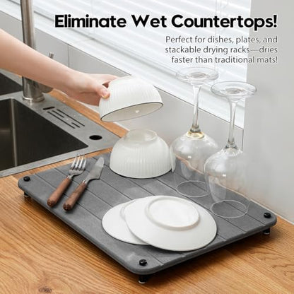 Razborci Stone Dish Drying Mat for Kitchen Counter, Water Absorbing Bathroom Tray Sink Organizer, Diatomaceous Earth Countertop Dish Rack Riser Sponge Holder Soap Dish, Dark Gray, 16" x 12"