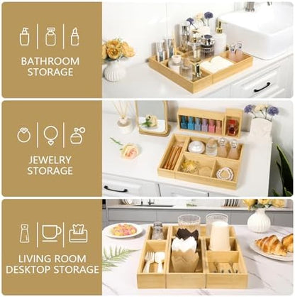 5 Pack Bamboo Drawer Organizer Set, Multi-Use Junk Drawer Organizer for Bathroom, Kitchen, Office, Jewelry, Makeup