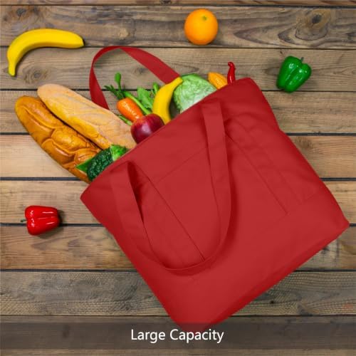 TOPDesign 3-Pack Canvas Tote Bags with an External Pocket, Reusable Grocery Shopping Bags, Top Zipper Closure, Daily Essentials (Red)
