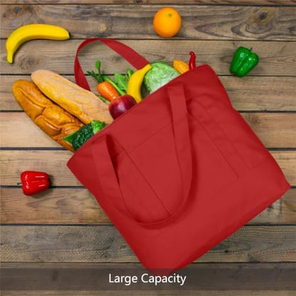 TOPDesign 3-Pack Canvas Tote Bags with an External Pocket, Reusable Grocery Shopping Bags, Top Zipper Closure, Daily Essentials (Red)