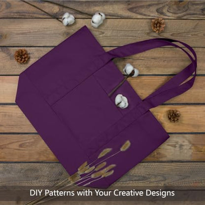 TOPDesign 3-Pack Canvas Tote Bags with an External Pocket, Reusable Grocery Shopping Bags, Top Zipper Closure, Daily Essentials (Purple)