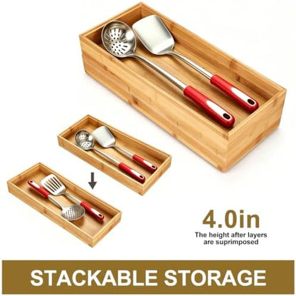 Bamboo Drawer Organizer Set of 2 for Kitchen Drawers, Large Stackable Drawer Organizer for Silverware, Utensils, Cutlery, Flatware, Junk Drawer, Dresser, Bathroom, 15" x 6" x 2"